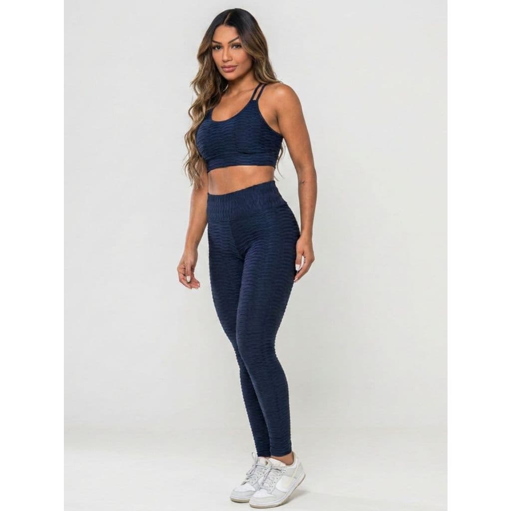 Conjunto Fitness Feminino Legging + Top Texturizado Academia Cintura Alta Disfarça Celulite
