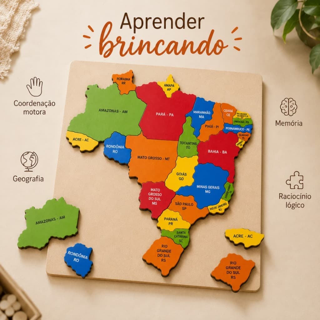 Quebra Cabeça Brasil MDF Educativo Mapa Brasil Infantil Pedagógico Coordenação Motora Montessori