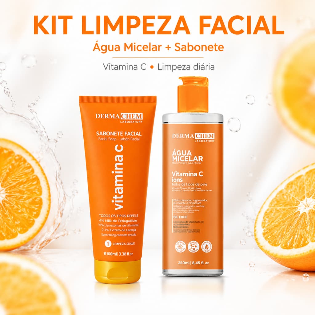 Kit Limpeza Facial Vitamina C Dermachem Água Micelar 250ml + Sabonete Facial 100ml