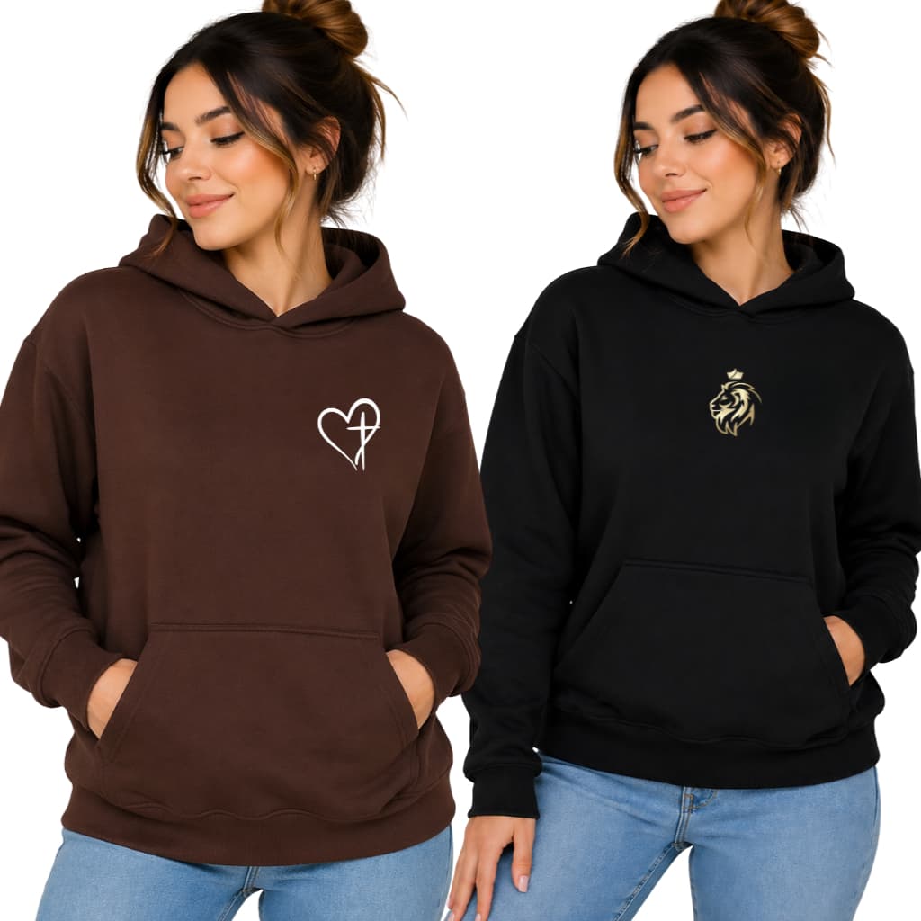 Moletom Canguru Feminino Estampado Coração e Leão Estiloso Moda Evangélica Promoção