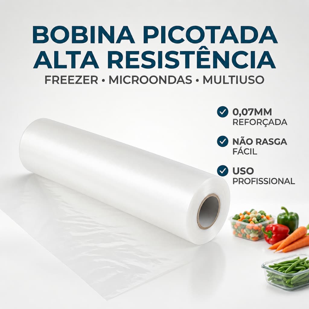 Bobina Picotada Plástica Alta Resistência Freezer Microondas Embalagem Reforçada Evita Vazamentos