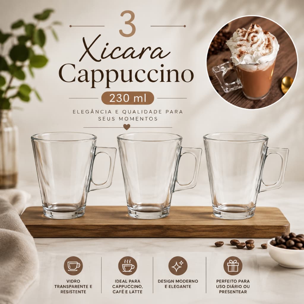 Kit 3 Xícaras de Vidro 230 ml com Alça – Ideal para Café, Cappuccino e Latte