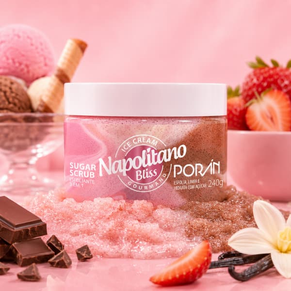 Esfoliante Hidratante Sugar Scrub Napolitano Porán 3 em 1 Limpa, Esfolia e Hidrata