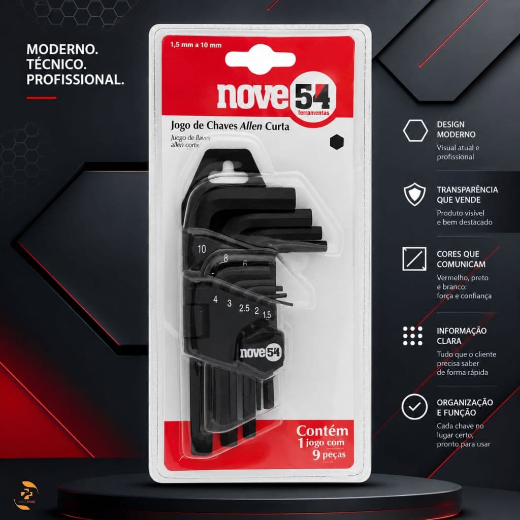 JOGO DE CHAVES ALLEN CURTAS  HEXAGONAIS 1,5MM a 10MM - NOVE54