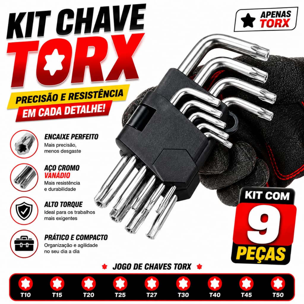 Jogo de Chave Torx 9 Peças Aço Cromo Vanadium T10 A T50
