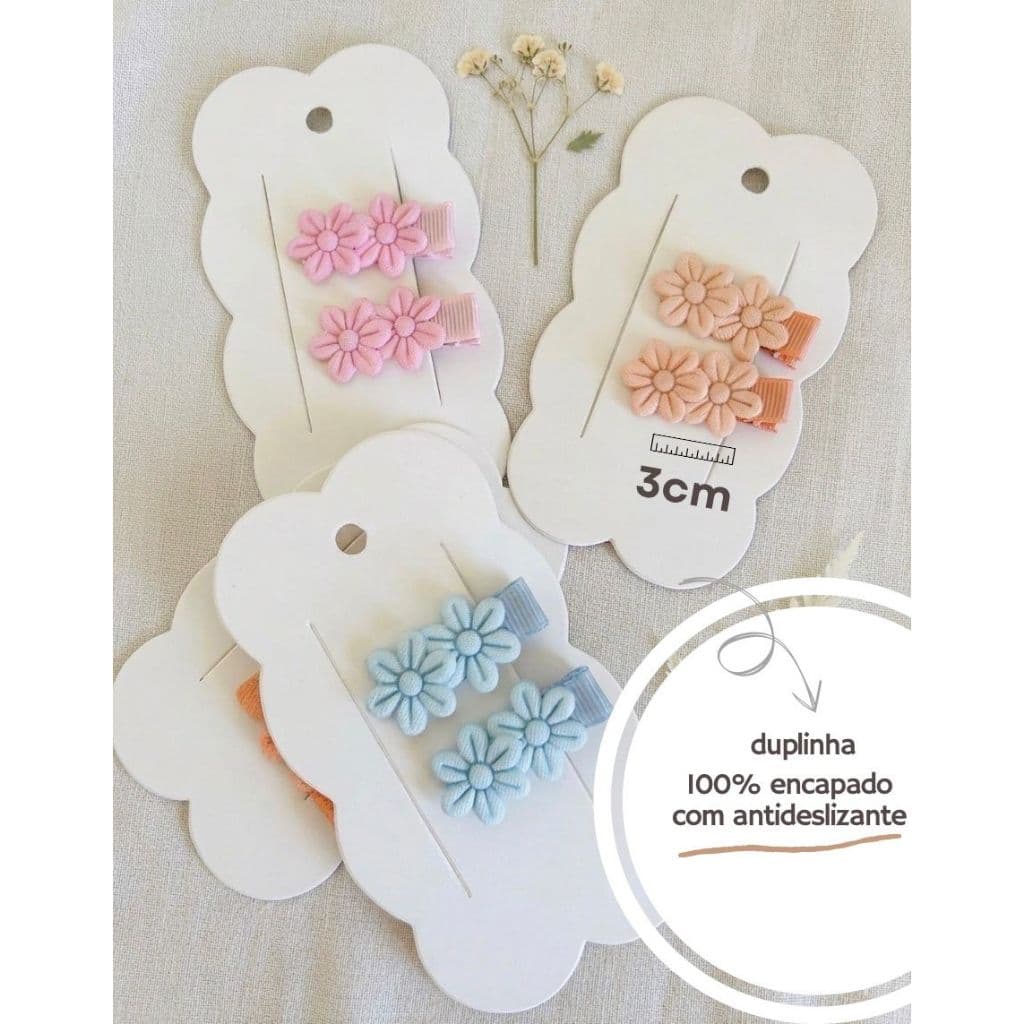 Kit Dupla Presilhas Cabelo Margarida Bico Pato Infantil Bebê Menina Encapado Antideslizante