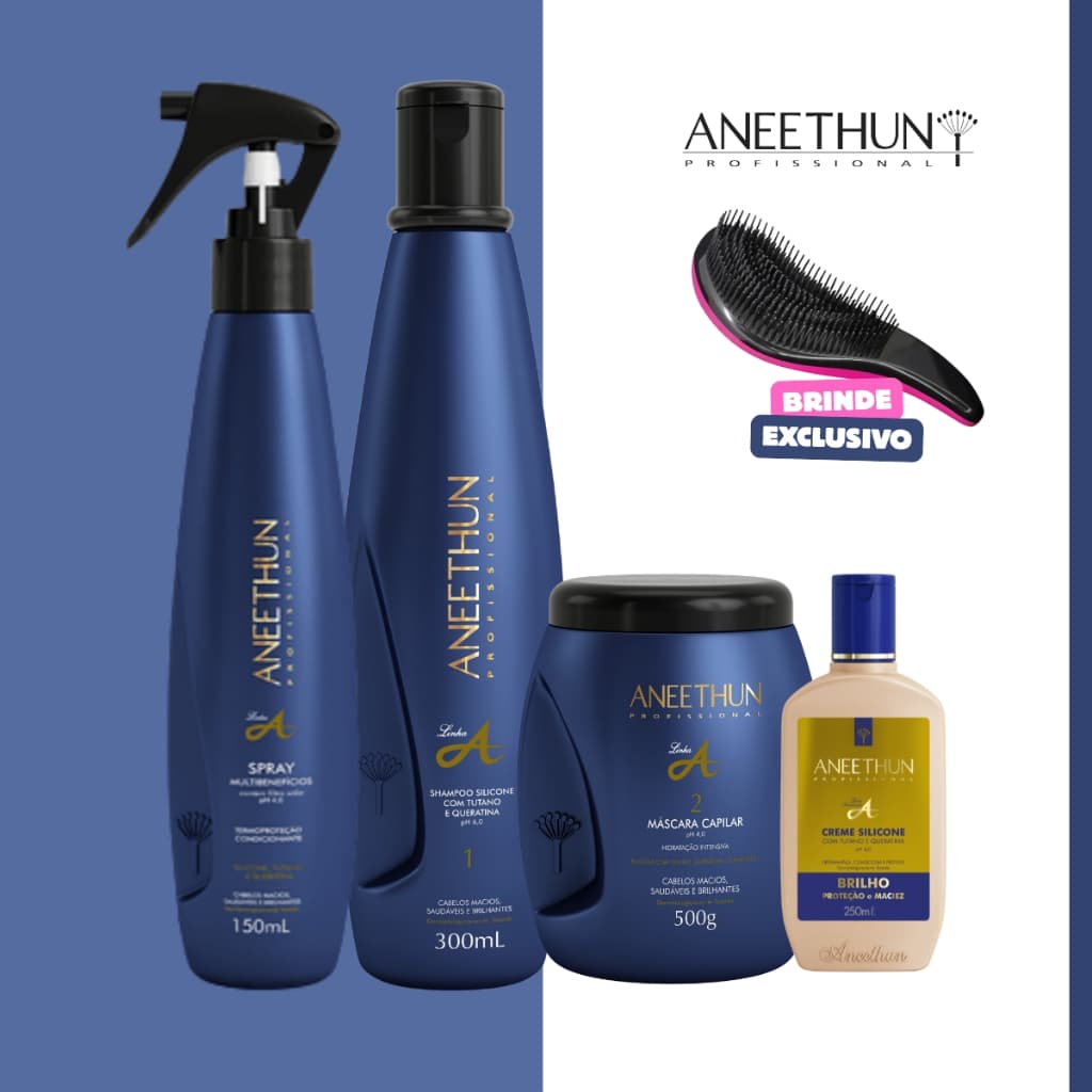 Kit Shampoo + Máscara + Spray + Creme de Silicone Linha A Aneethun Completo Tutano e Queratina