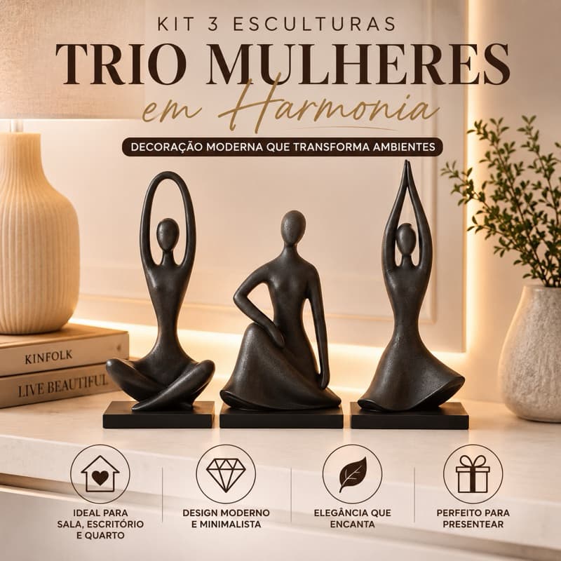 Kit Escultura Decorativa Moderna Minimalista Trio Mulheres Sala Escritório Luxo