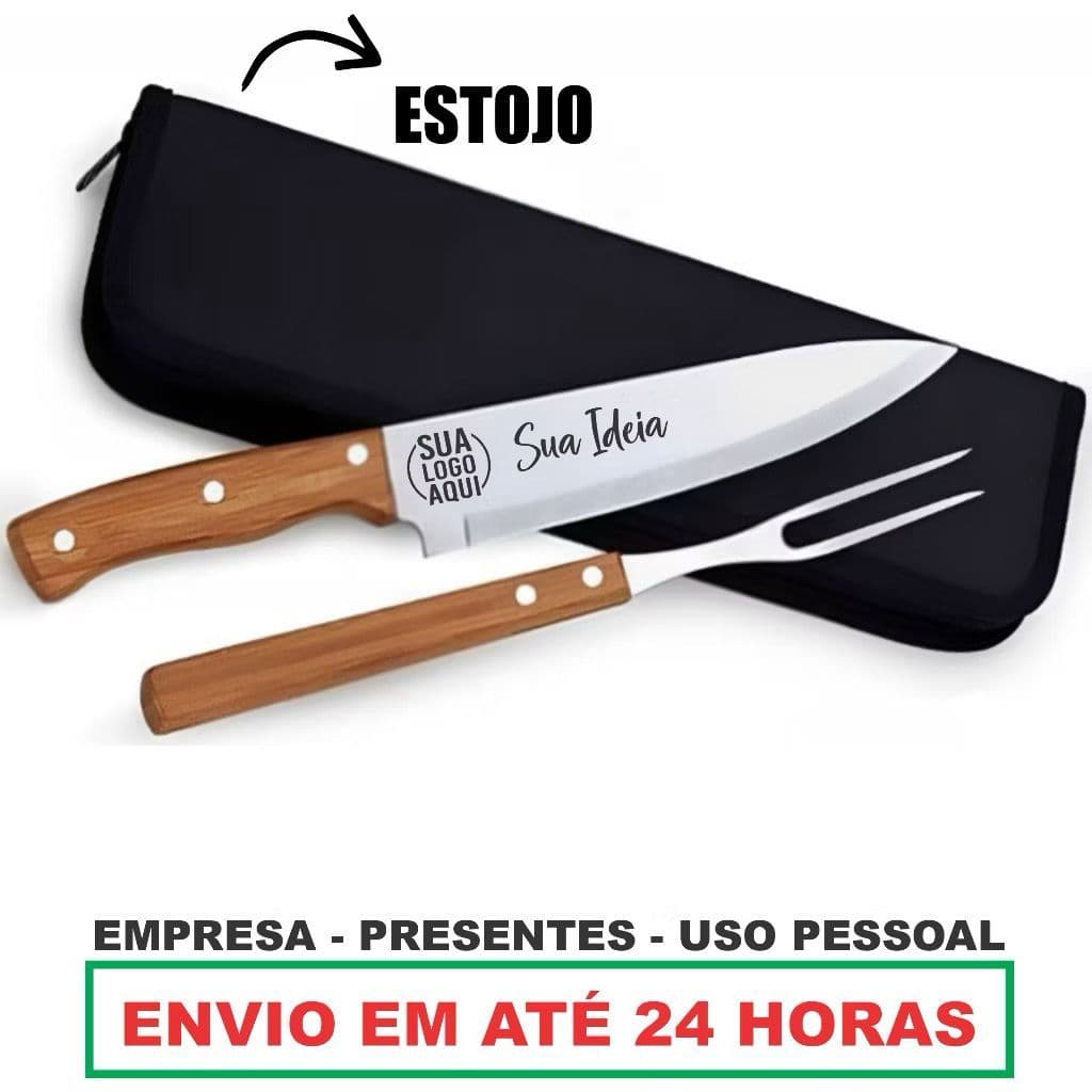 Kit Churrasco Personalizado Faca Garfo Estojo com Nome Time Logo