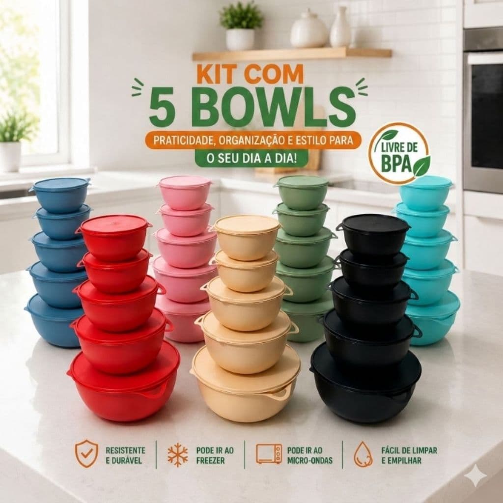 Kit 5 Potes Plastico Redondos Bowl Livre Cozinha Armazenar Guardar Alimentos Bpa