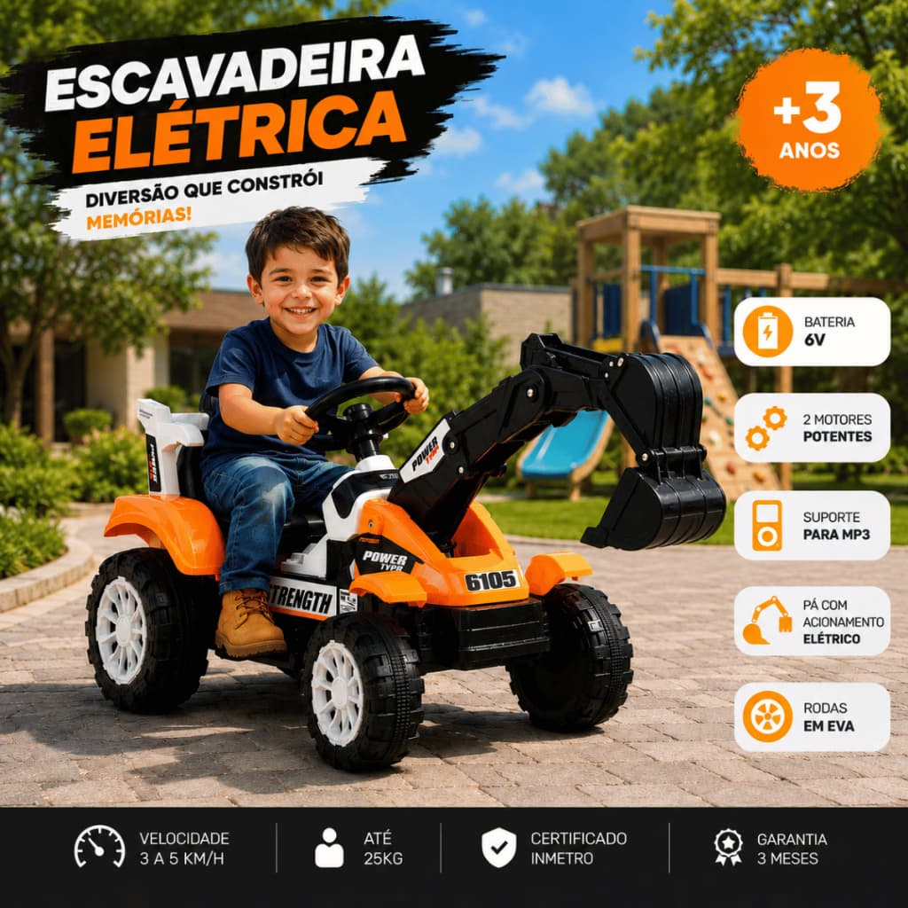 Escavadeira Trator Elétrico Carro Infantil Com Pá Articulada Carrinho Motorizado