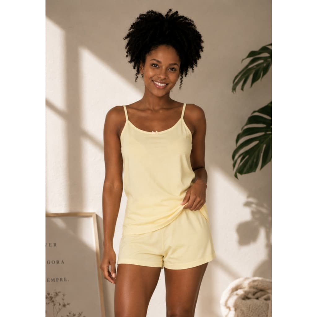Pijama Feminino Blusa de alcinha com Short Algodão  - Amarelo