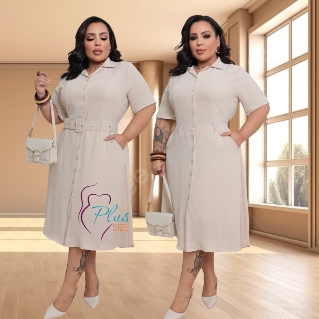Vestido Midi Chamise Feminino Plus Size  Com Cinto Elástico nas Costas Tecido Duna