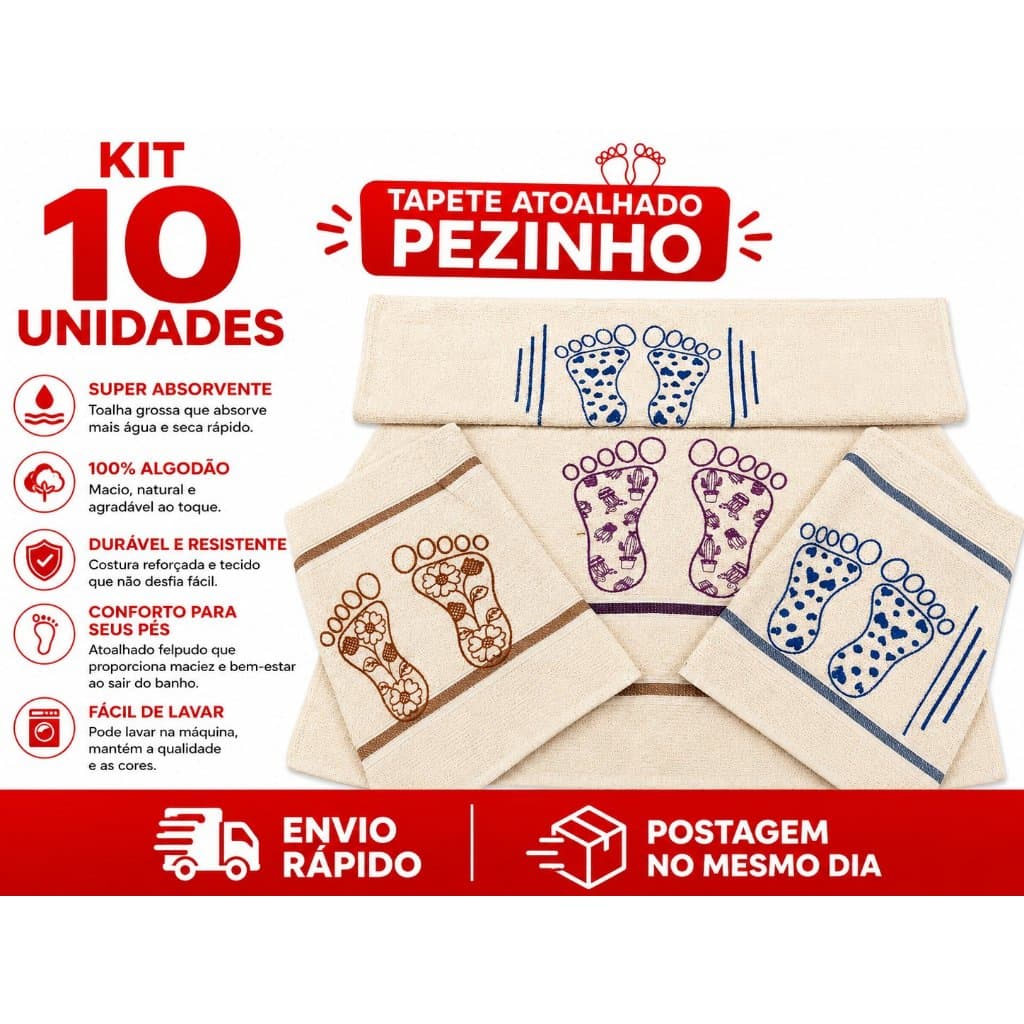 Kit 10 Tapete Banheiro Atoalhado Pezinho 40x70cm Cores Sortidas Bordado Macio Algodão