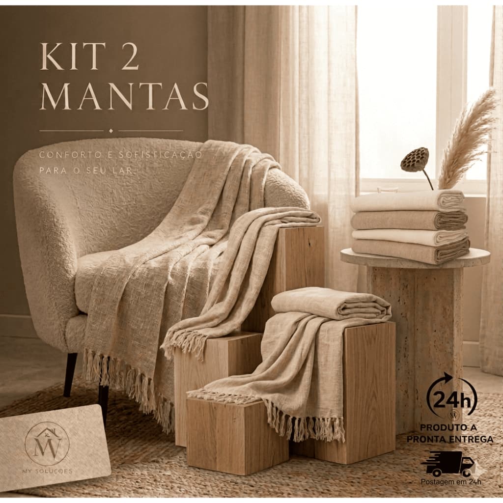Kit 2 Mantas Luxuosas para Sofá ou Cama 2,10x1,20m com Tecido 100% Algodão Macio