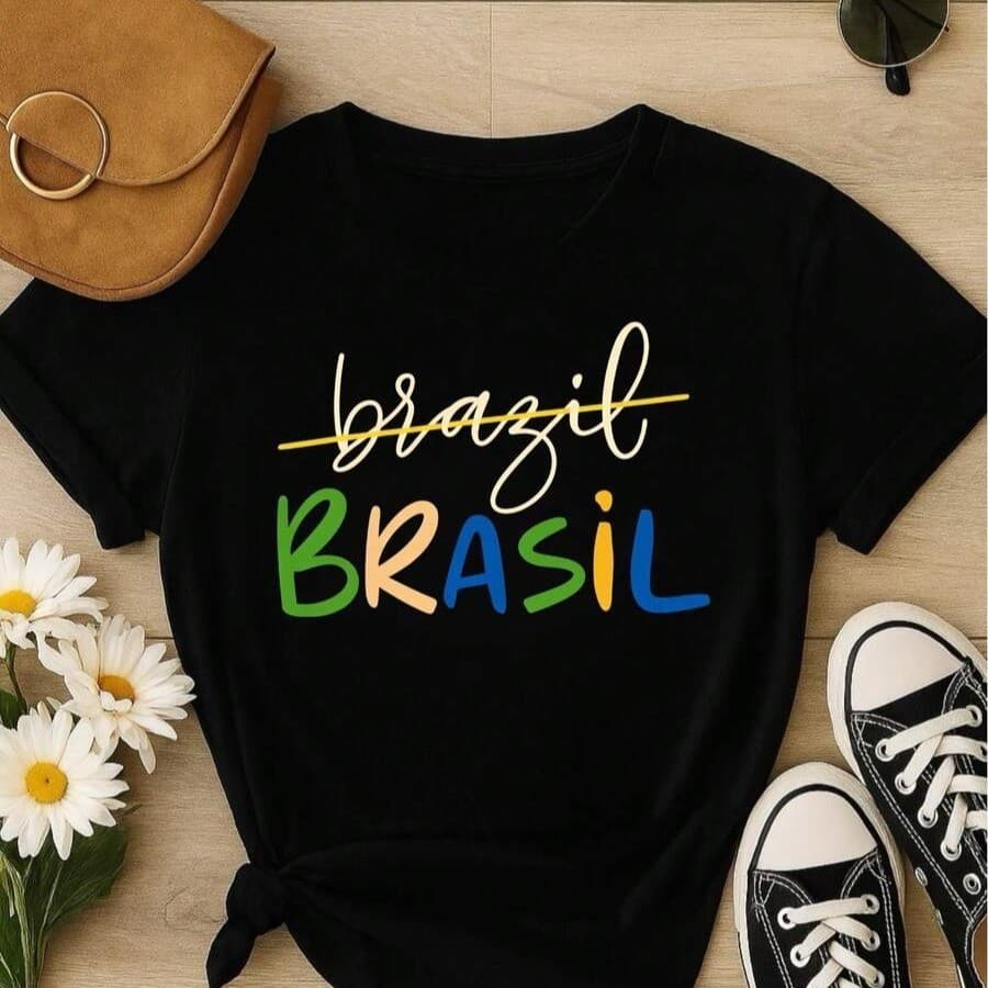 Camiseta Brasil Feminina Estilosa Copa 2026 Camisa Preta Casual Fashion Streetwear Trend