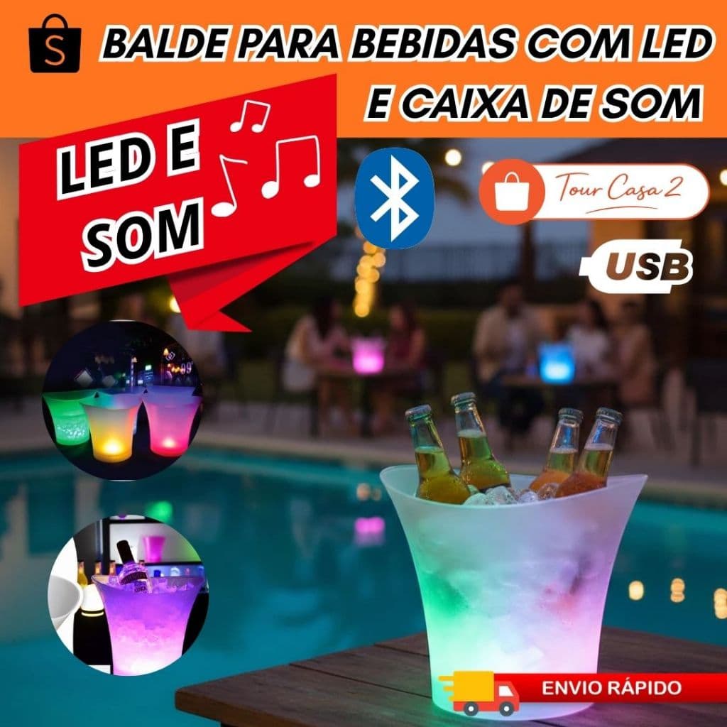 Balde de Gelo com Caixa de Som e LED Bluetooth  Cooler Bebidas Festa Bar Copa Churrasco Balada