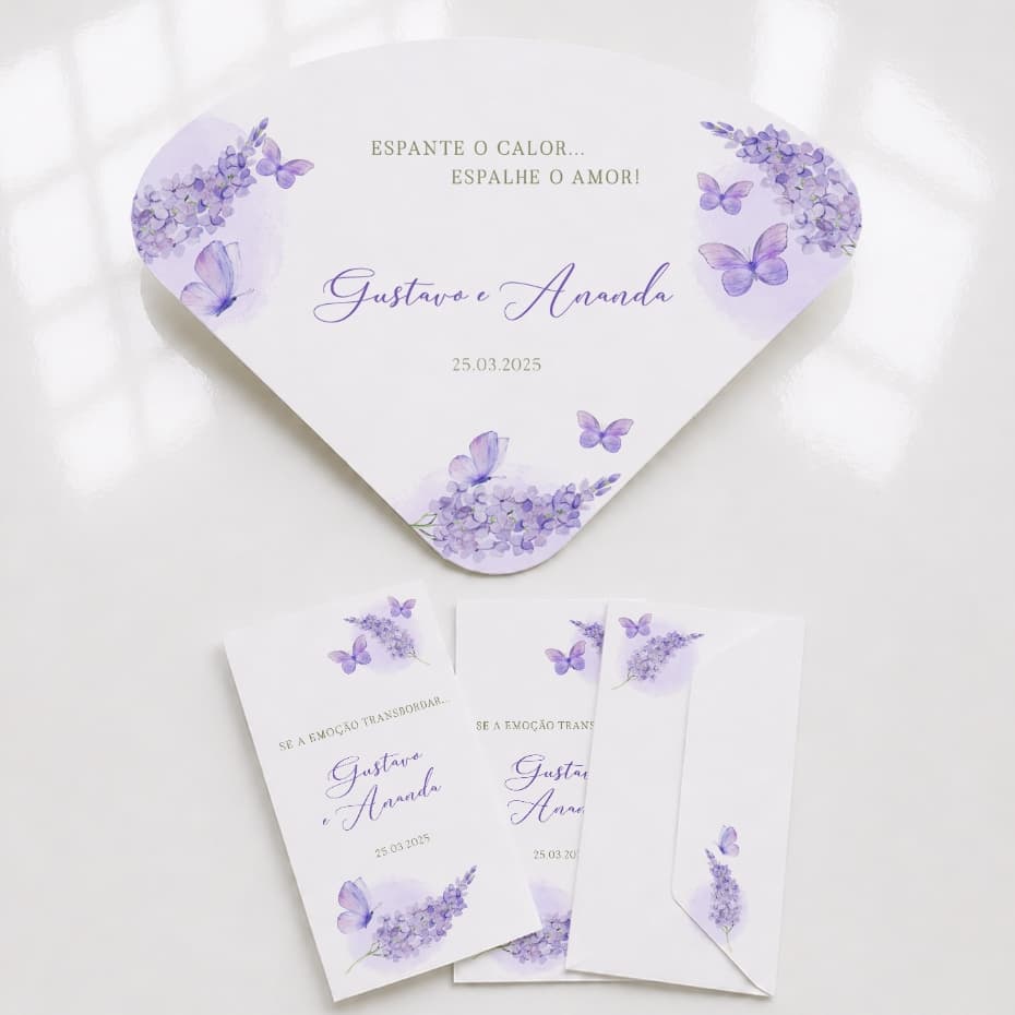 Kit Lágrimas de Alegria e Ventarolas Leques Personalizado Casamento Lavanda Lilás Amarelo Girassol Dourado