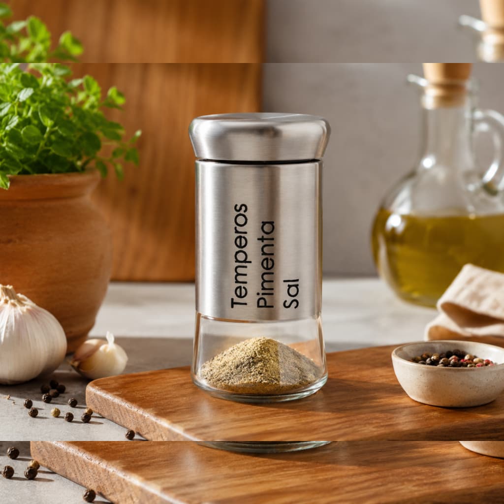 Porta Temperos 140ml em Vidro e Metal Inox para Sal, Pimenta e Temperos - Design Moderno