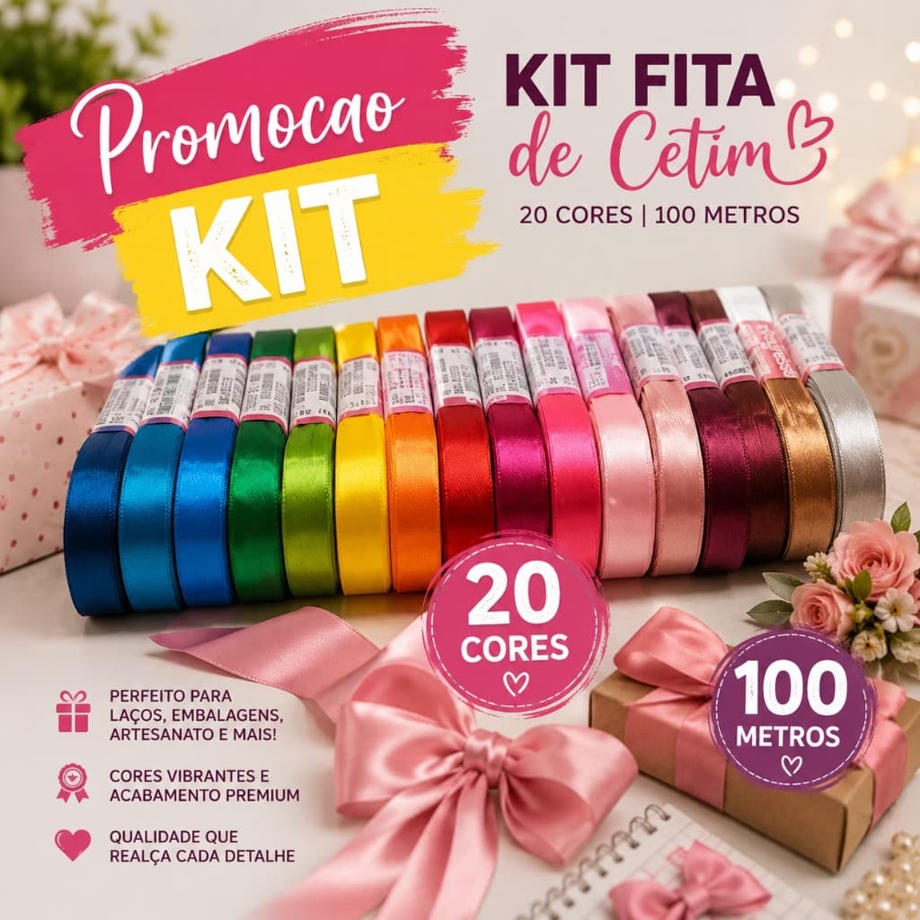 Kit Fita de Cetim 4mm Dupla Face Progresso 100 Metros – 20 Cores com 5m Cada | Artesanato, Laços e Decoração