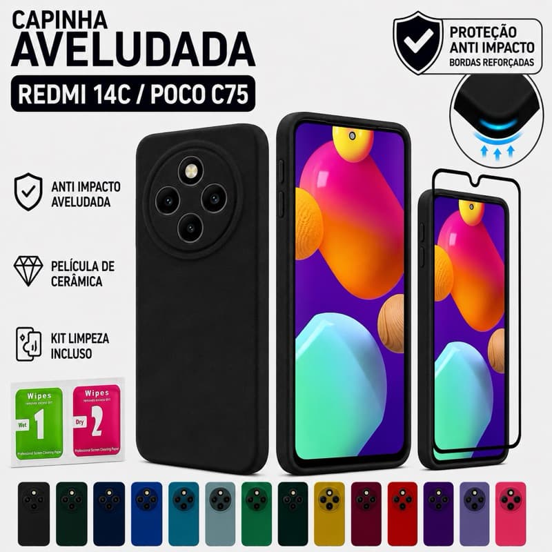 Capinha Capa Redmi 14C / Poco C75 Anti Impacto Aveludada + Película de Cerâmica