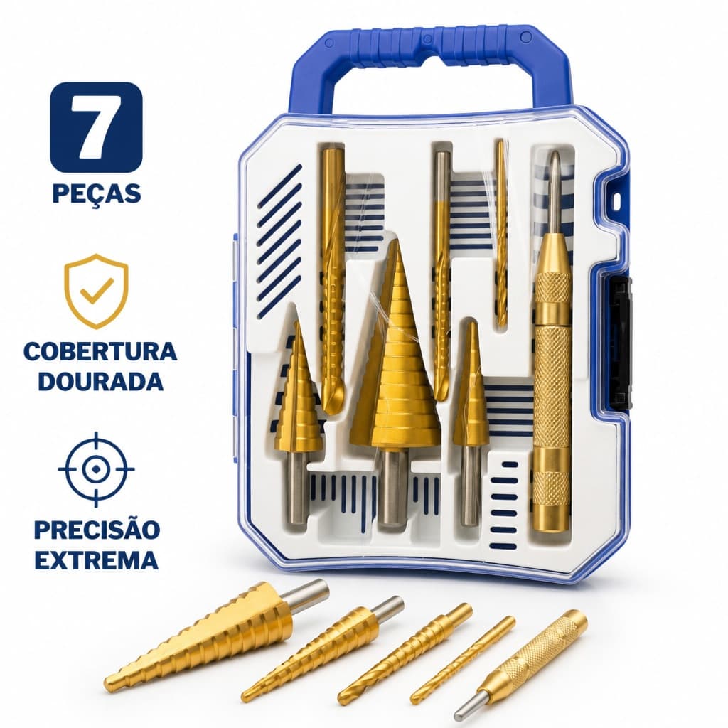 Kit 3/6/7 Brocas Escalonadas Titânio – Aço Rápido c/ Estojo | P/ Metal/Al/Cobre