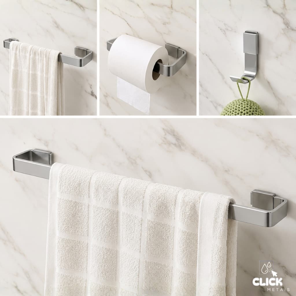 Kit Banheiro Quadrado Cromado 4 Peças Alumínio Inox Acessórios Conjunto Completo Antiferrugem Luxo