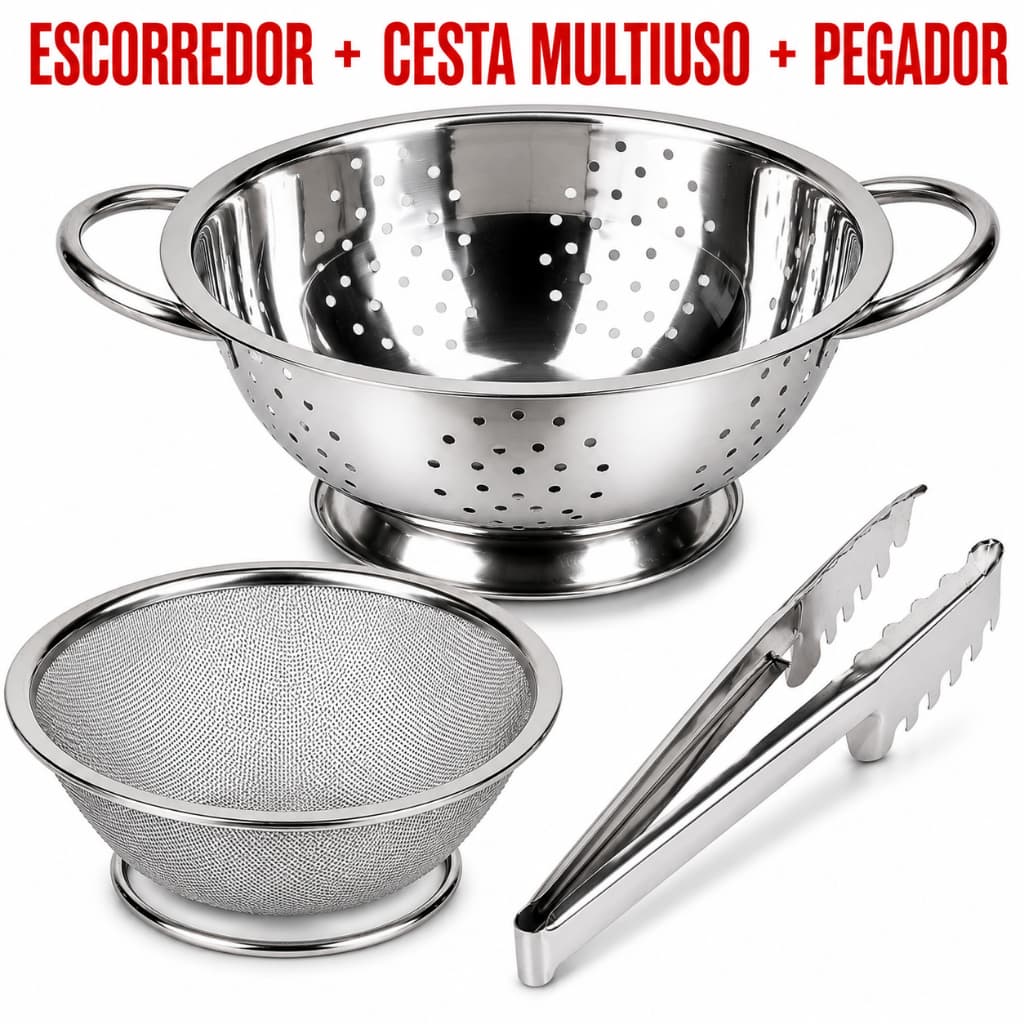 Kit Escorredor de Macarrão , Cesto Inox escorredor e Pegador de Massas Para Cozinha