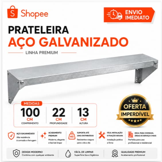 Prateleira Aço Galvanizado 100x22x13 Premium Envio Imediato