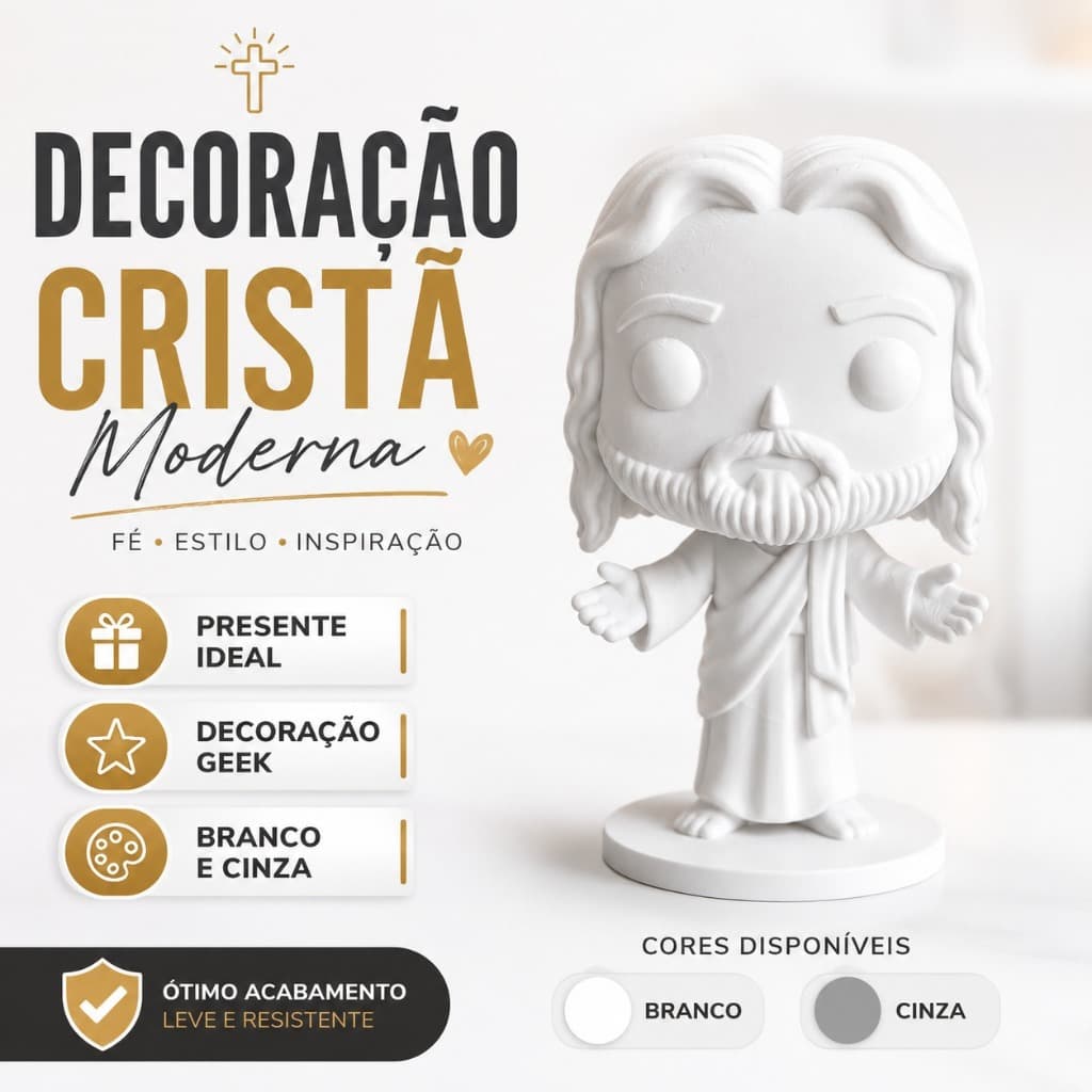 Boneco Jesus Decorativo Branco Cinza Cristão Estátua Miniatura Geek