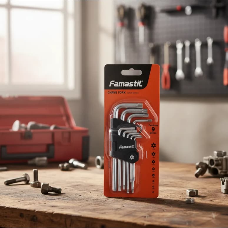 Jogo Chave Torx Famastil Profissional Cromo Vanádio 9 Peças Longa Com Suporte T10 a T50 Envio Rápido