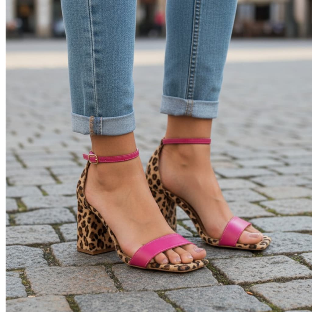 Sandália Feminina Sophia Shoes Salto Bloco Alto 8,5cm Estampa Onça Clássica Elegante Confortável