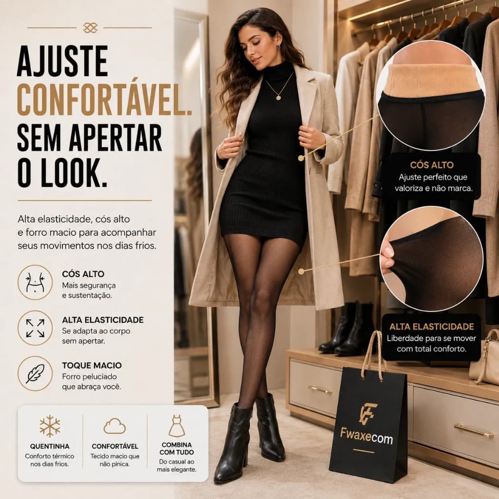 Meia-Calça Térmica Translúcida Peluciada Feminina com Pé Forrada de Lã Cós Alto para Inverno Preta frio P ao GG