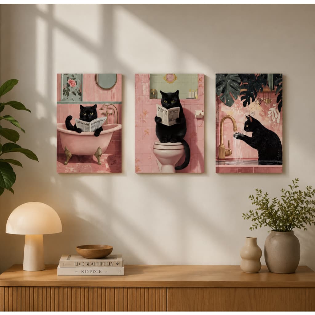 Quadro Decorativo 3 Peças Gato Preto Banheira Leitura Fundo Rosa Para Sala Quarto Hall