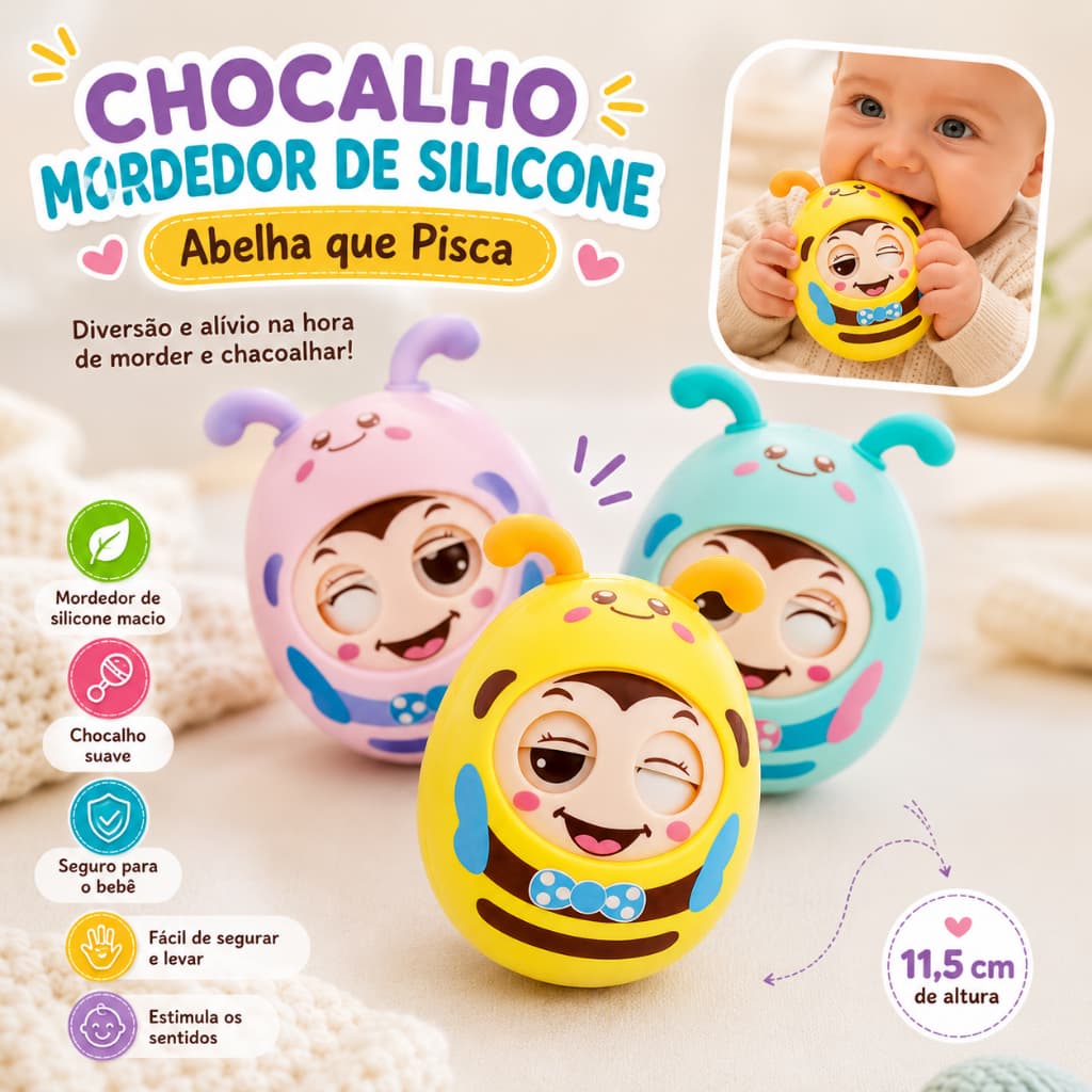 Brinquedo Chocalho Mordedor De Silicone Abelha que Pisca Decoração Bebes e Crianças