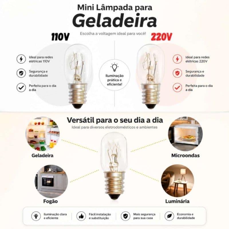 Mini Lâmpada para Geladeira Microondas 15W Soquete E14 127V e 220V