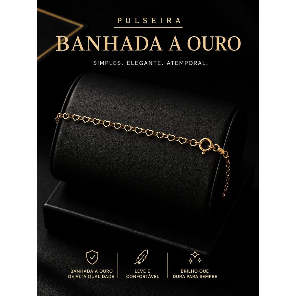 Pulseira Corações Dourada Banhada a Ouro Feminina Delicada Ajustável