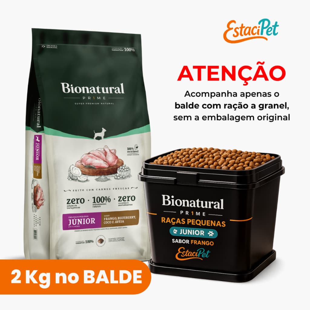 Racao Bionatural Prime Super Premium Caes Filhotes Racas Pequenas Junior Frango DHA 2kg Balde