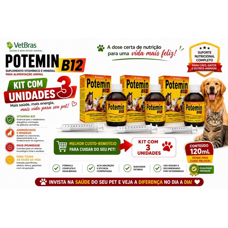 Kit C/3 Frascos Potemin B12 - Suplemento Vitamínico e Mineral Para Pet Cães Gatos e Aves