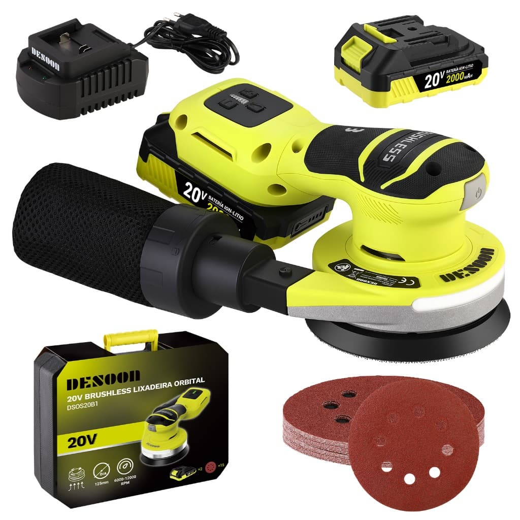 Lixadeira Roto Orbital Brushless Sem Fio Alerta De Pressão E Luz LED Kit Com 2 Baterias Coletor E 15 Lixas Desoon
