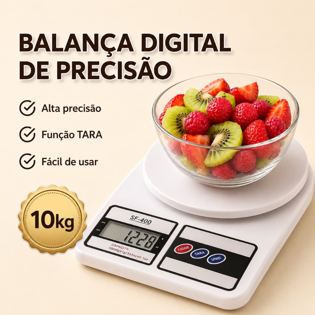 Balança Digital de Cozinha 10kg Alta Precisão Nutrição Dieta Fitness Função Tara Display LCD