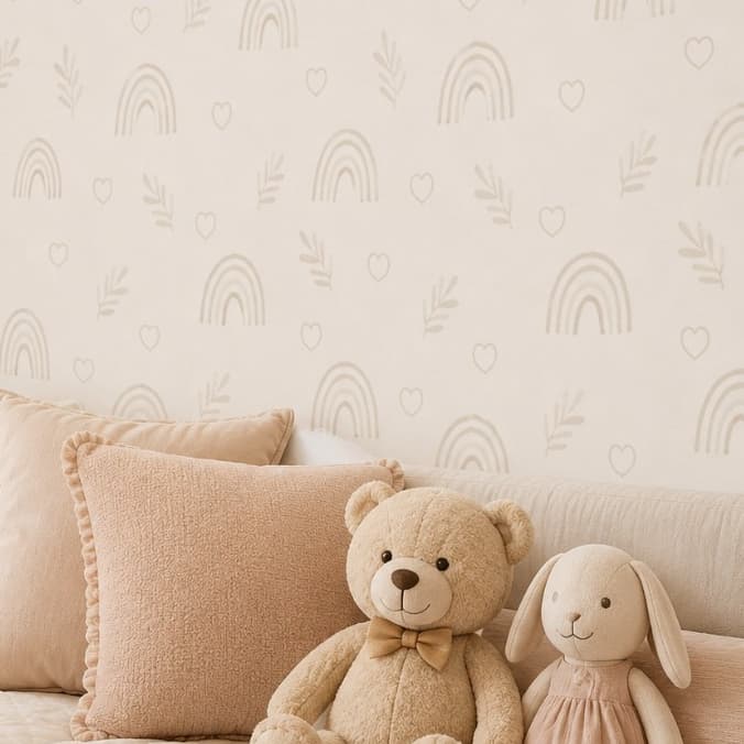 Papel de Parede Infantil Adesivo Arco-Íris Folhagens Corações Beges Elegante Quarto Criança Delicado