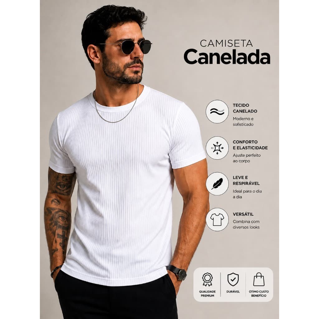 Camiseta Slim Masculina 100% Canelada Ajustada Fitness Casual