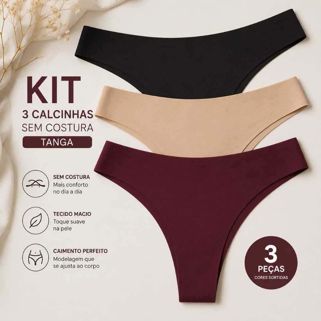 Kit 3 Calcinhas Sem Costura Feminina Microfibra Efeito Segunda Pele Tanga Academia Não Marca Envio Imediato