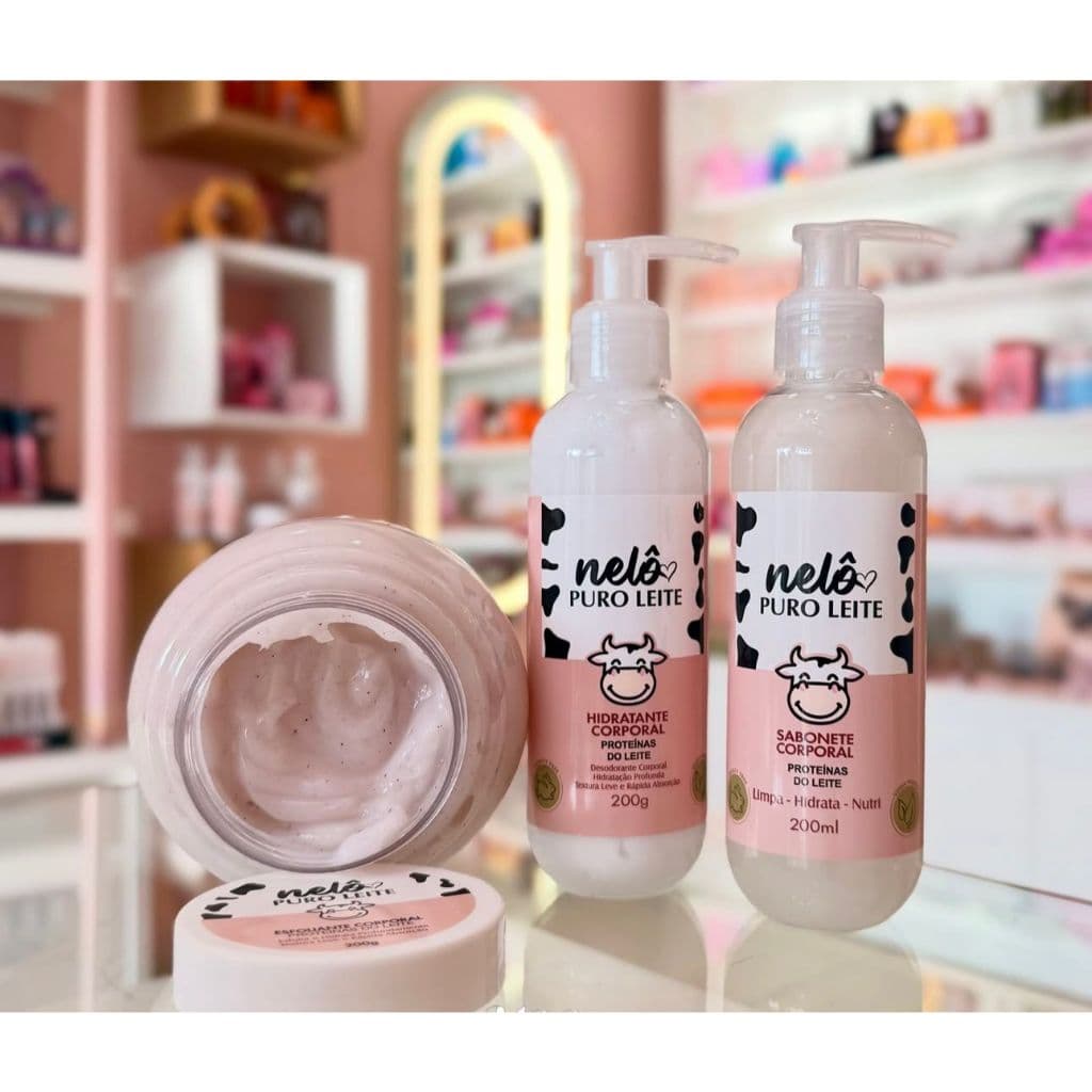 Kit Nelô Sabonete corporal + Esfoliante corporal + Hidratante corporal Puro Leite