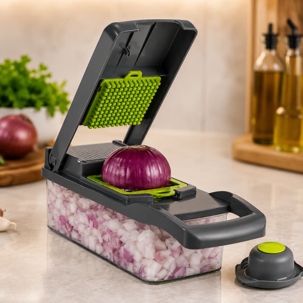 Conjunto Cortador e Ralador Multifuncional Manual 16 Peças Legumes Cinza Verde