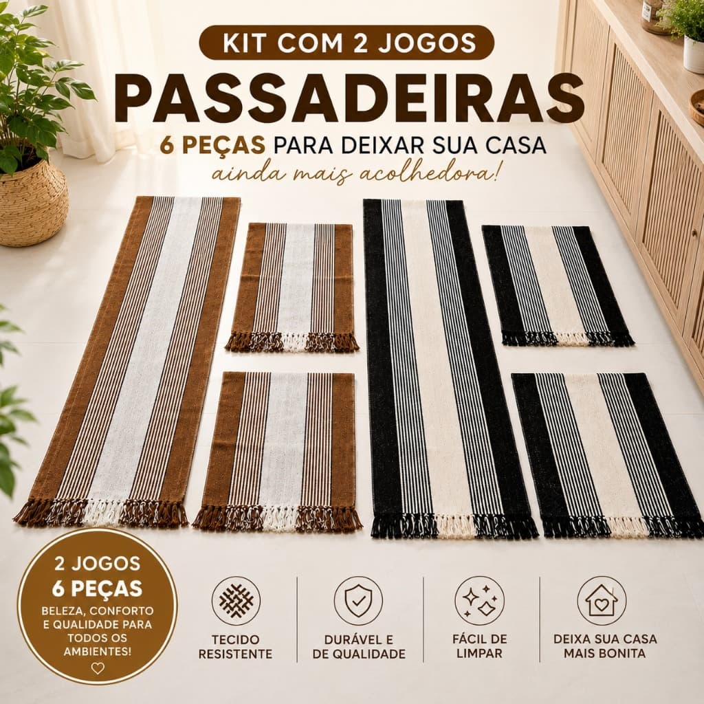 Kit Duplo de Tapetes Cozinha Decorativo Antiderrapante com Passadeira 40x100 e Tapetes 40x60