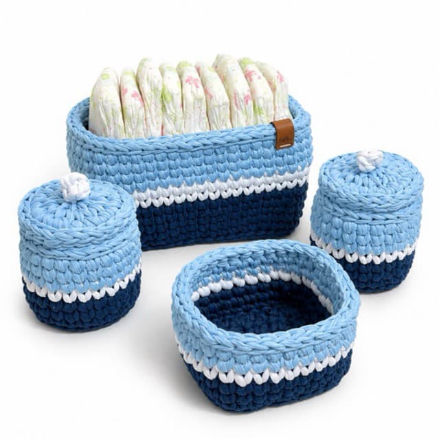 Kit Higiene 4 Cestos de Crochê Fio de Malha Porta fraldas SAFÁRI Bosque Ursa Princesa Príncipe