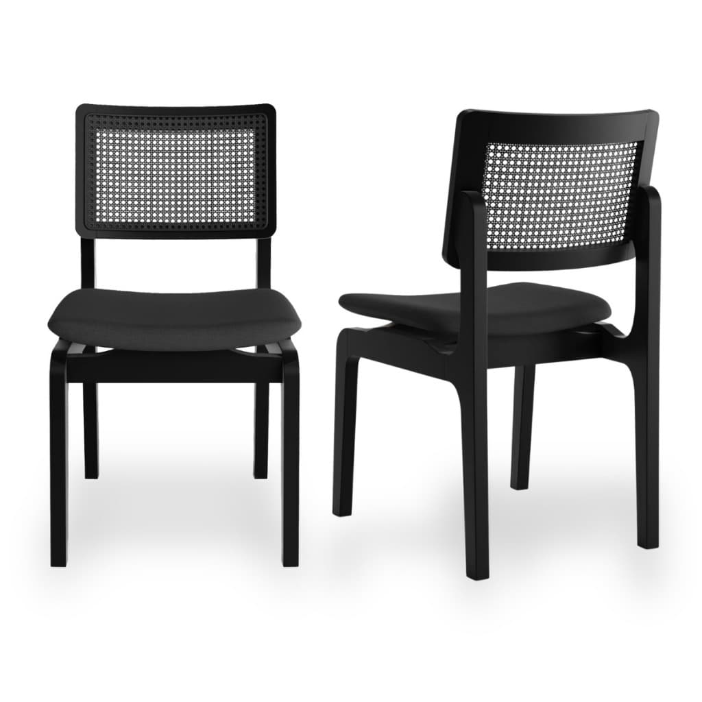 Kit c/ 2 Cadeiras De Sala De Jantar 100% Em Madeira Maciça Couro Preto Encosto Telinha Rattan Vazado