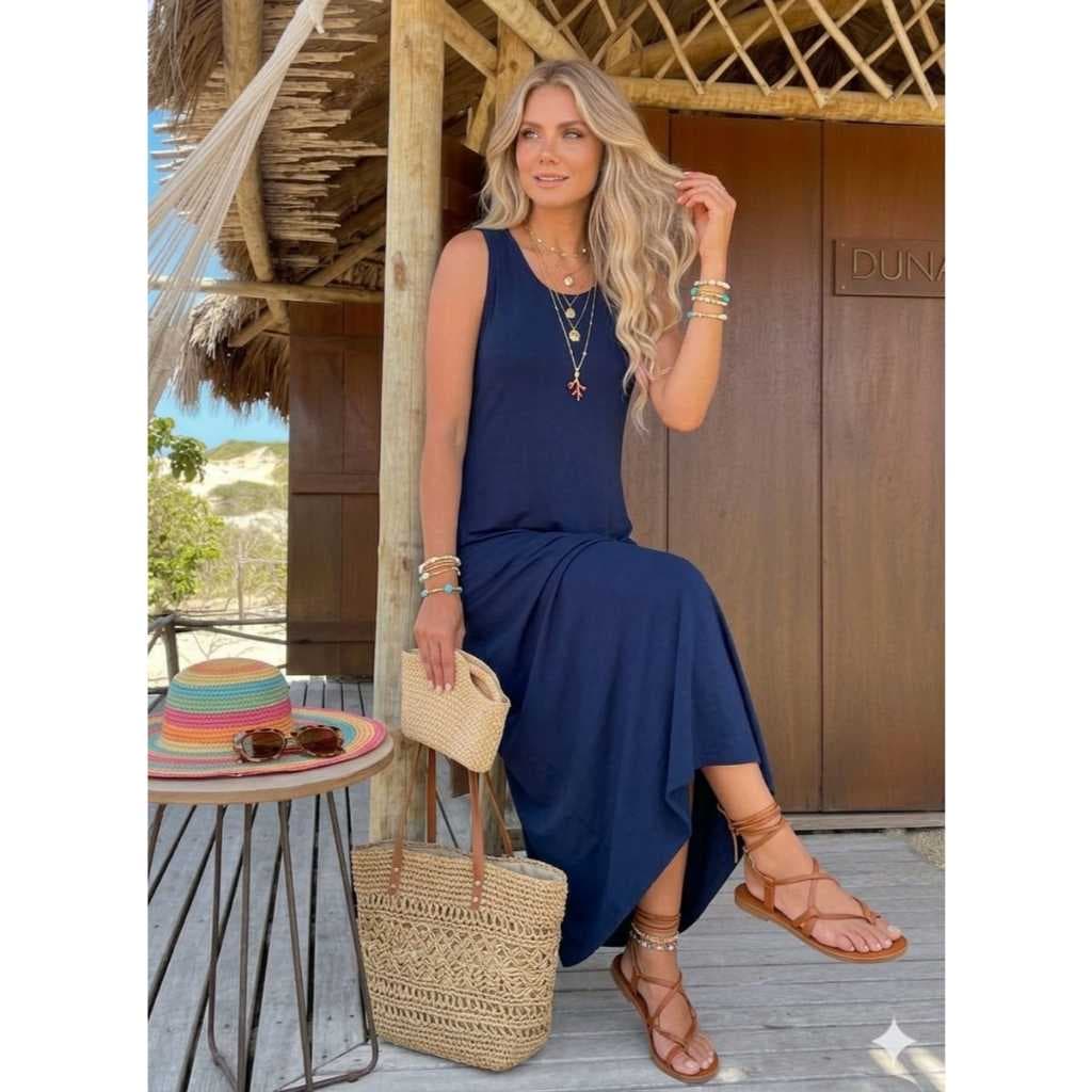 Vestido Feminino Longo com Bolsos Regata Elegante Verão Inverno 506